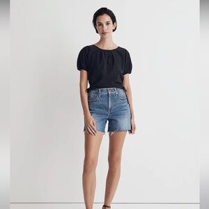 Madewell Embroidered Poplin Puff-Sleeve Cutout Crop Top